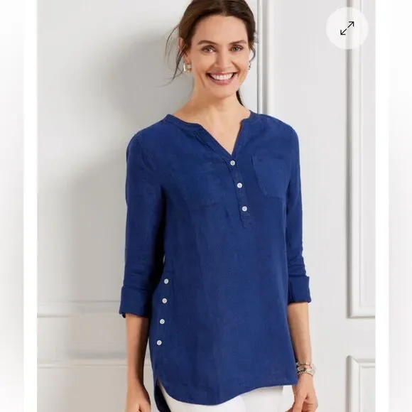 Talbots side button linen band collar popover large 100% linen tunic blouse top - Picture 1 of 14